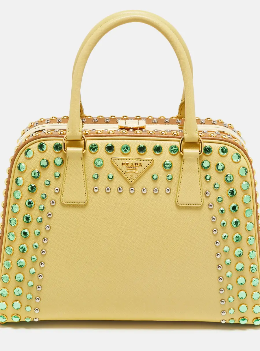 Prada Pyramid Frame Yellow/Brown Saffiano Lux Leather Crystal Embellished Satchel