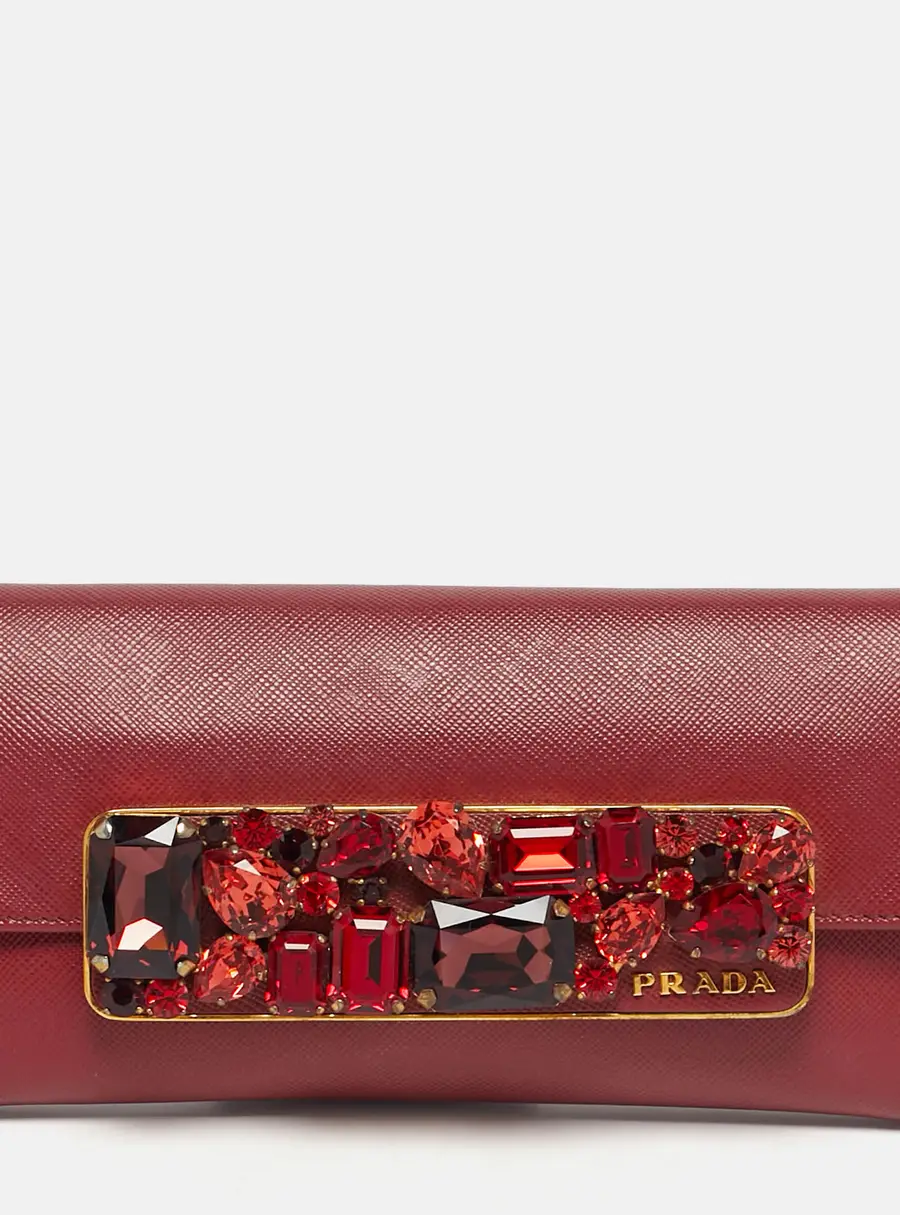 Prada Dark Red Leather Crystal Embellished Flap Continental Wallet