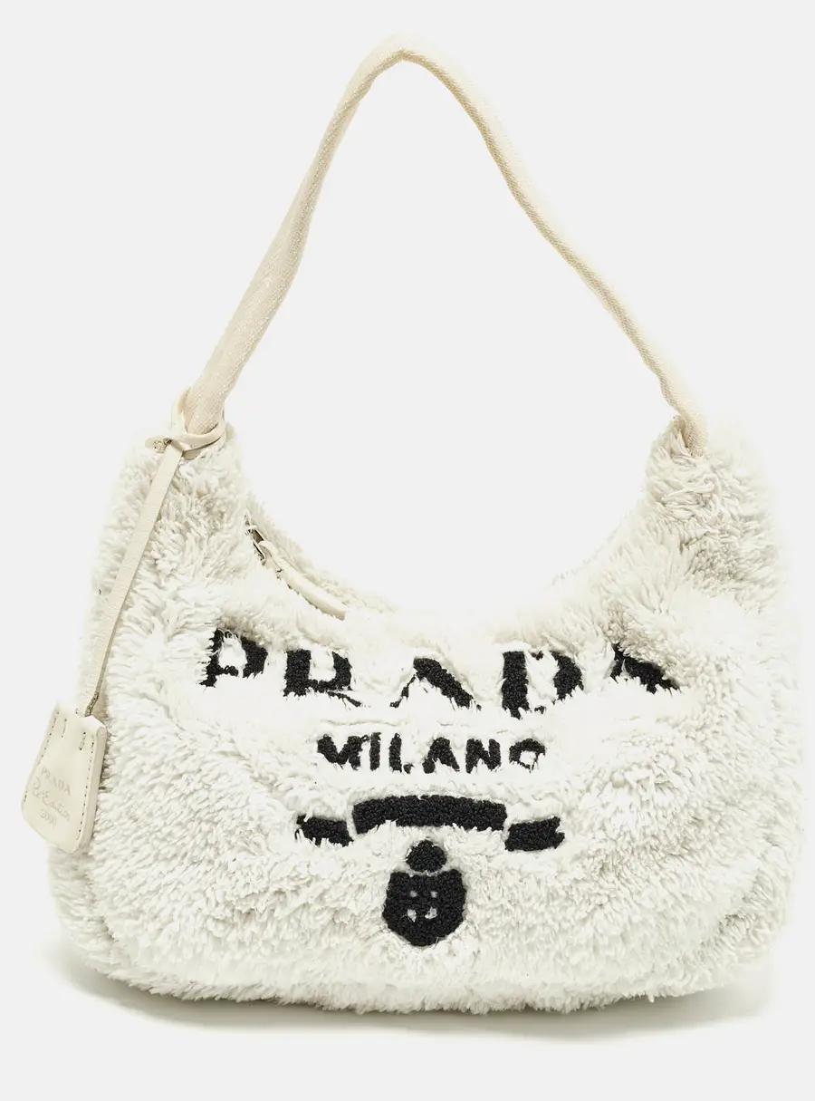 Prada Re-Edition 2000 Off White/Black Terrycloth Fabric Shoulder Bag