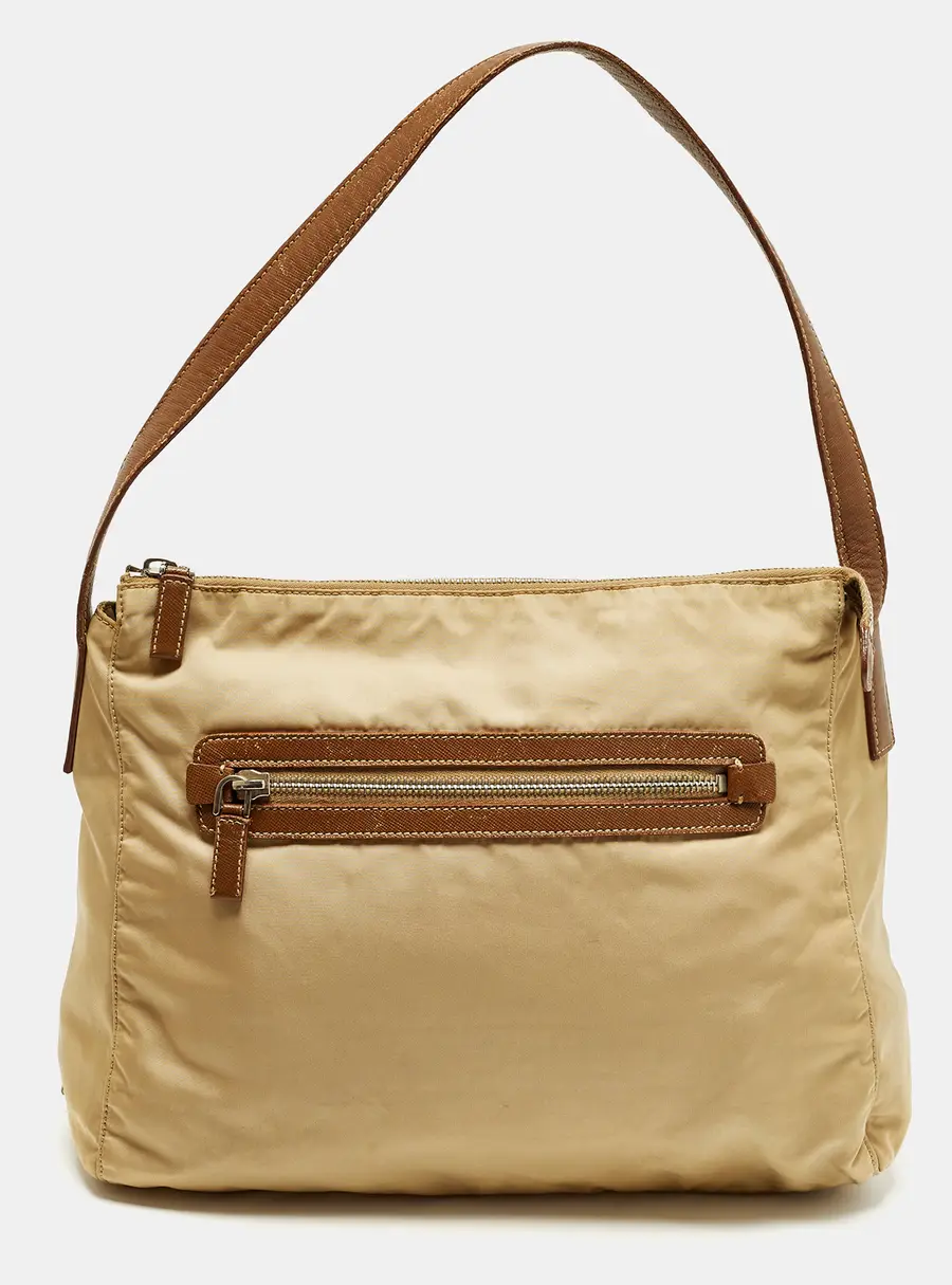 Prada Beige/Brown Nylon Zip Shoulder Bag