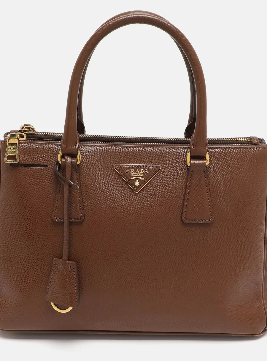 Prada Galleria Double Zip Small Brown Saffiano Lux Leather Tote