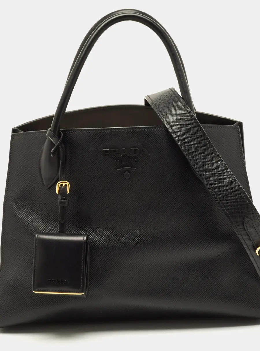 Prada Monochrome Medium Black Saffiano Cuir Leather Tote