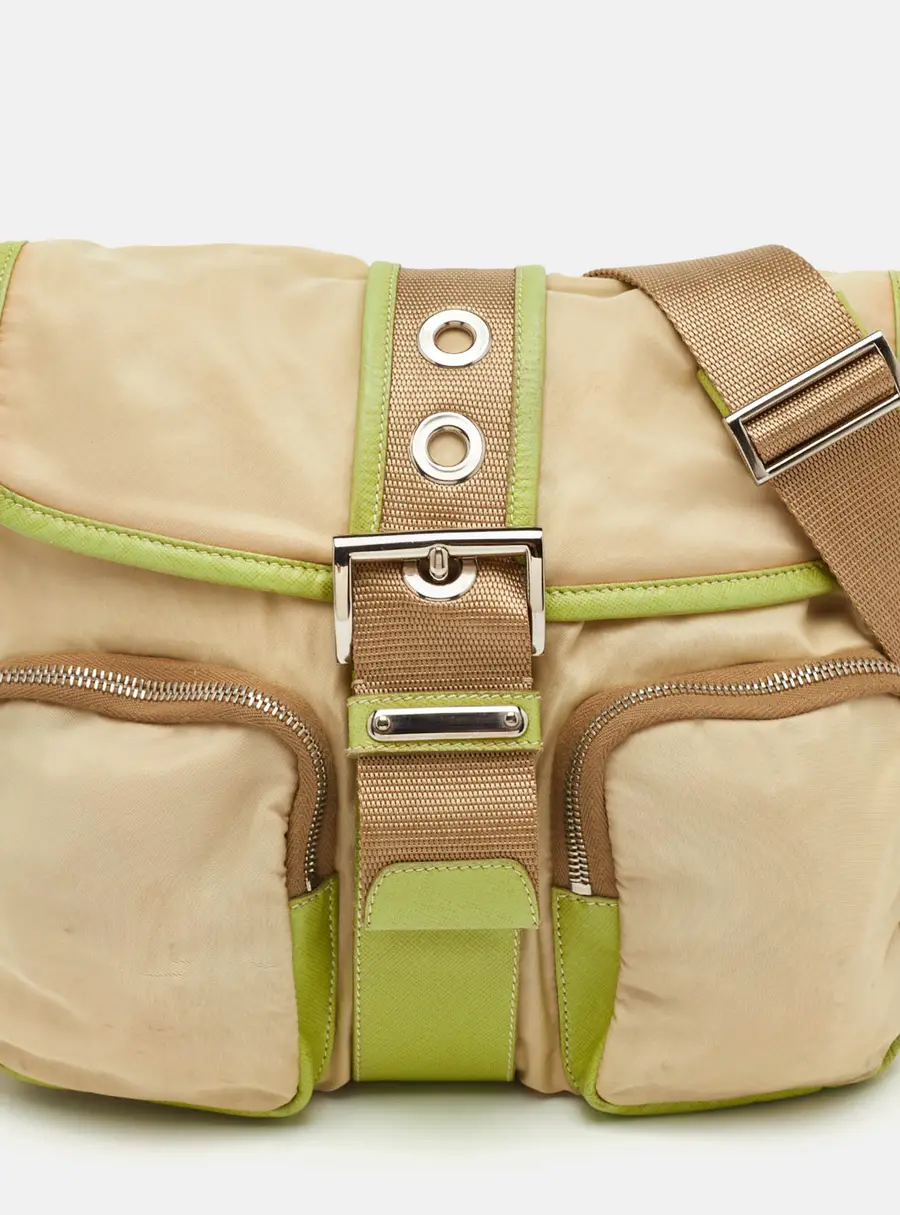 Prada Vintage Tessuto Buckle Beige/Green Nylon and Leather Cargo Shoulder Bag