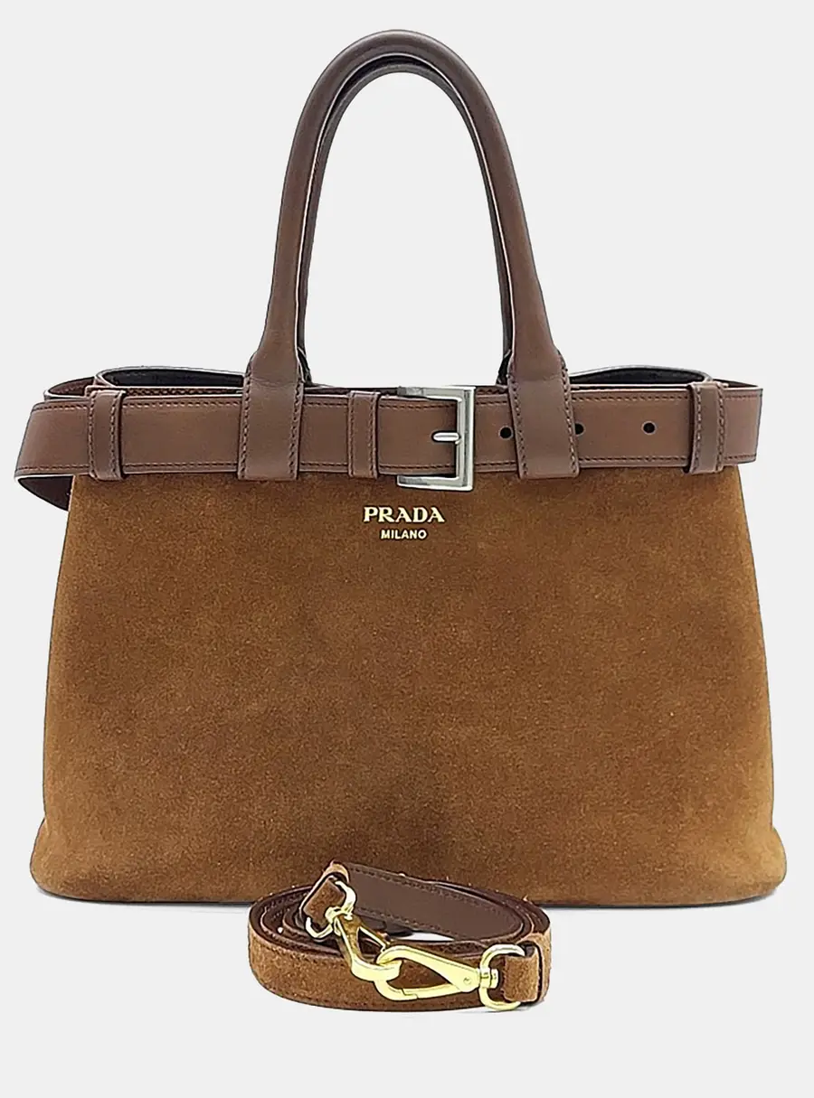 Prada Buckle Medium Brown Suede Leather Top Handle Bag