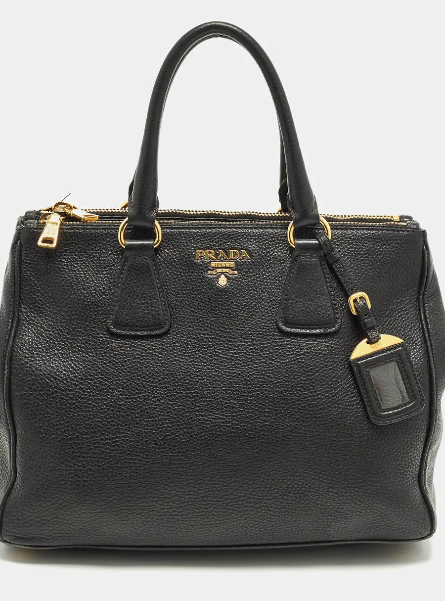 Prada Double Zip Black Vitello Daino Leather Tote
