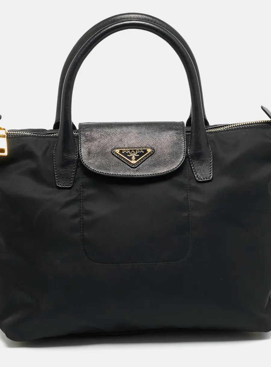 Prada Black Nylon and Saffiano Leather Zip Satchel