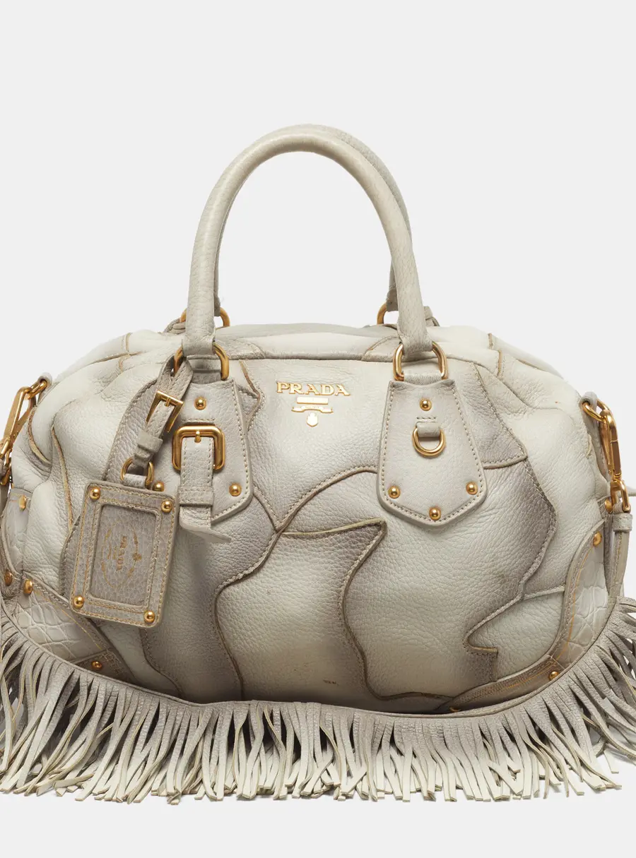 Prada White Ombre Deerskin Leather Croc and Lizard Patchwork Bowler Bag