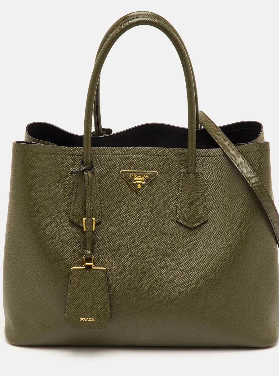 Prada Double Handle Medium Green Saffiano Cuir Leather Tote