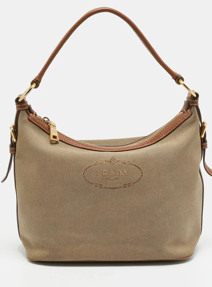 Prada Beige/Tan Logo Jacquard Canvas and Leather Hobo