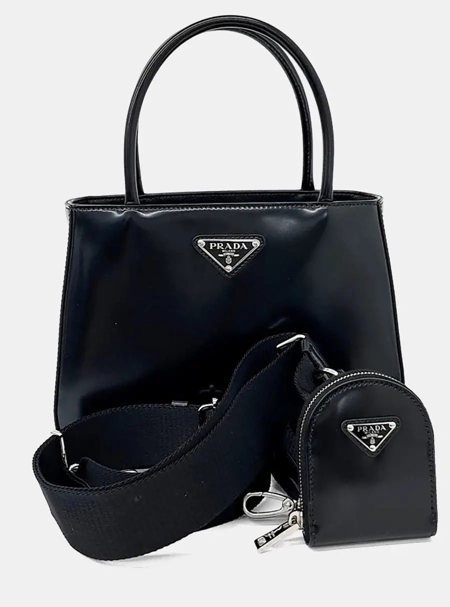 Prada Black Leather Brushed Tote and Shoulder Bag