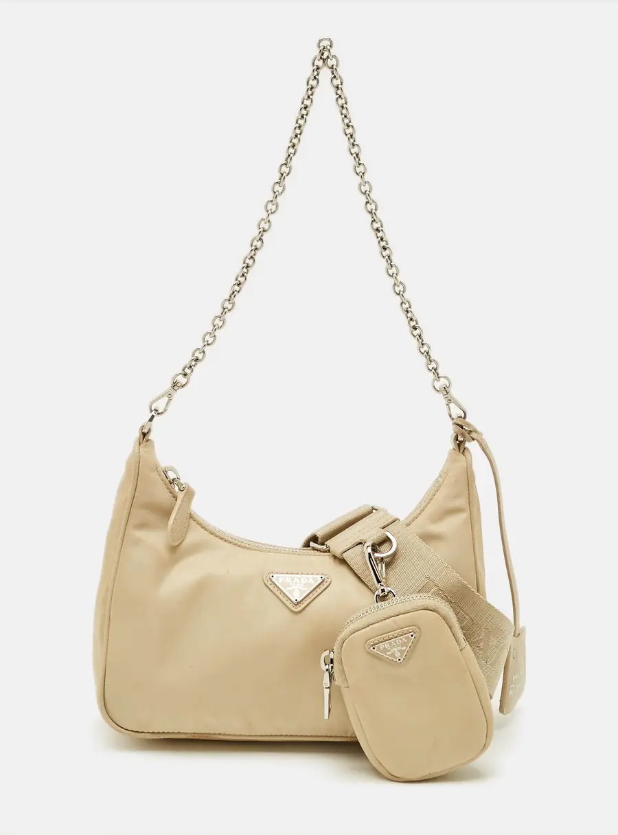 Prada Re-Edition 2005 Beige Re-Nylon and Saffiano Leather Shoulder Bag