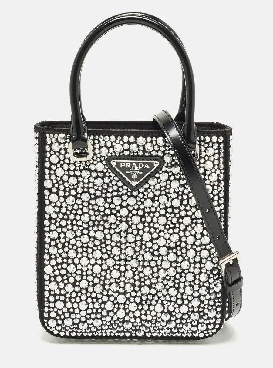 Prada Metal Panier Small Black Satin Crystal Embellished Tote
