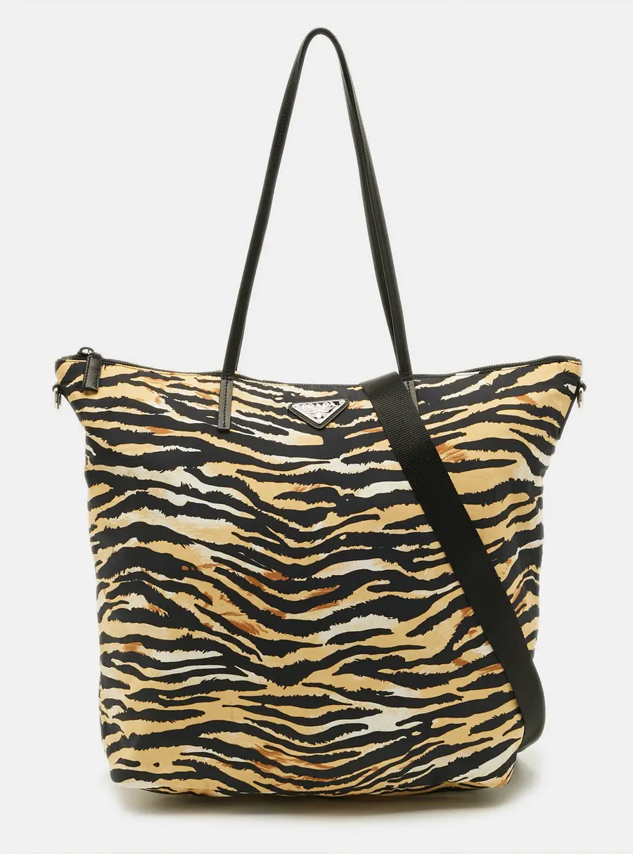 Prada Tessuto Black/Beige Animal Print Nylon and Leather Tote