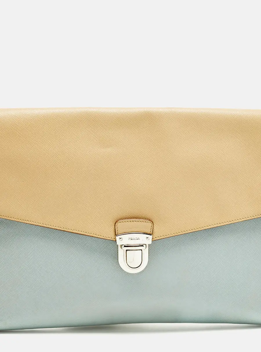 Prada Envelope Beige/Light Blue Saffiano Bicolo Leather Document Case