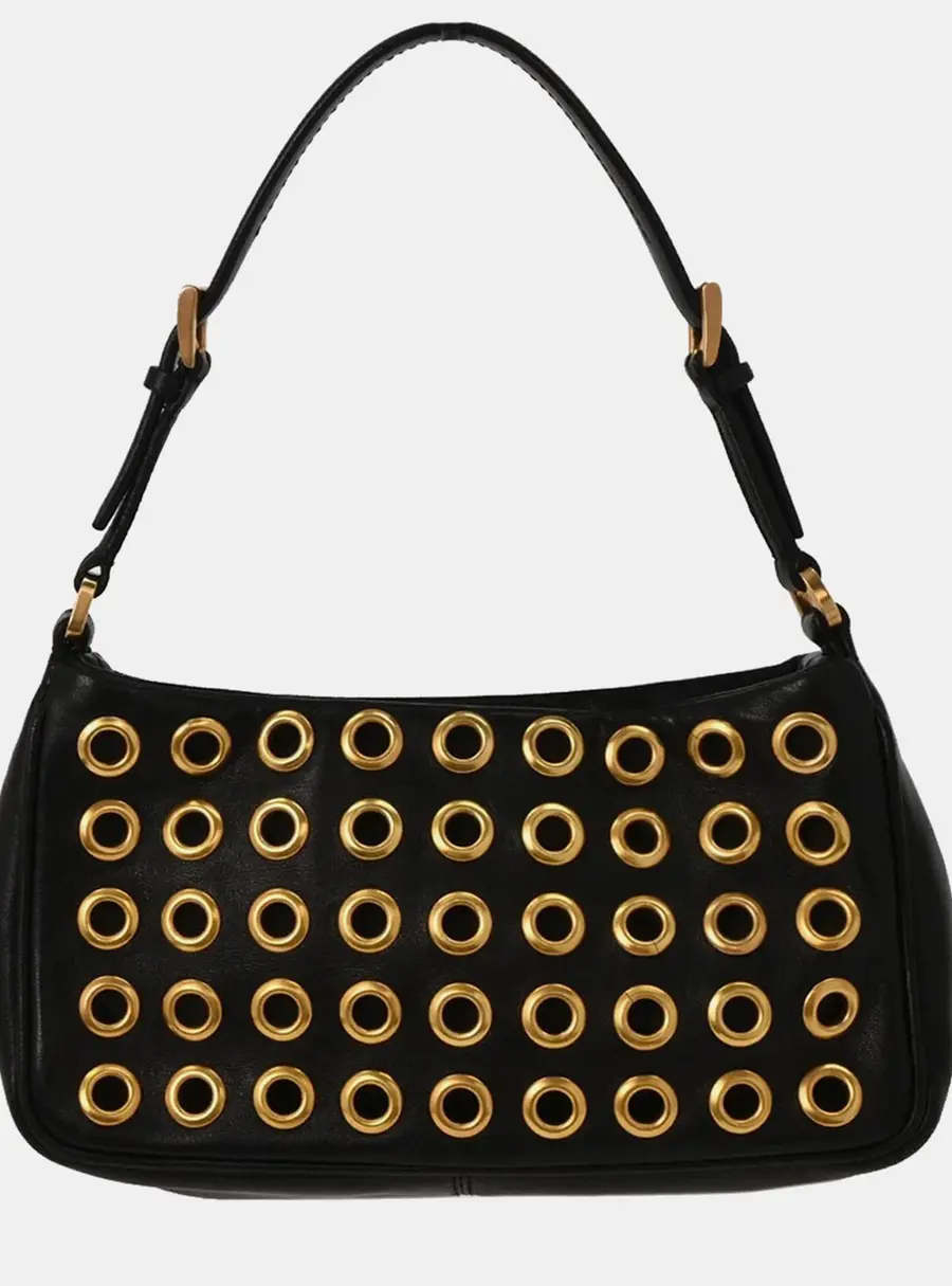 Prada Metal Grommet Black Leather Shoulder Bag