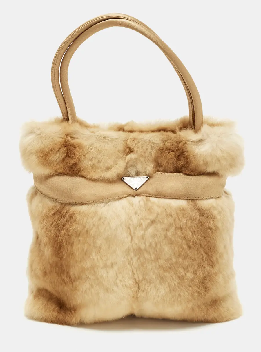 Prada Logo Beige Fur Tote