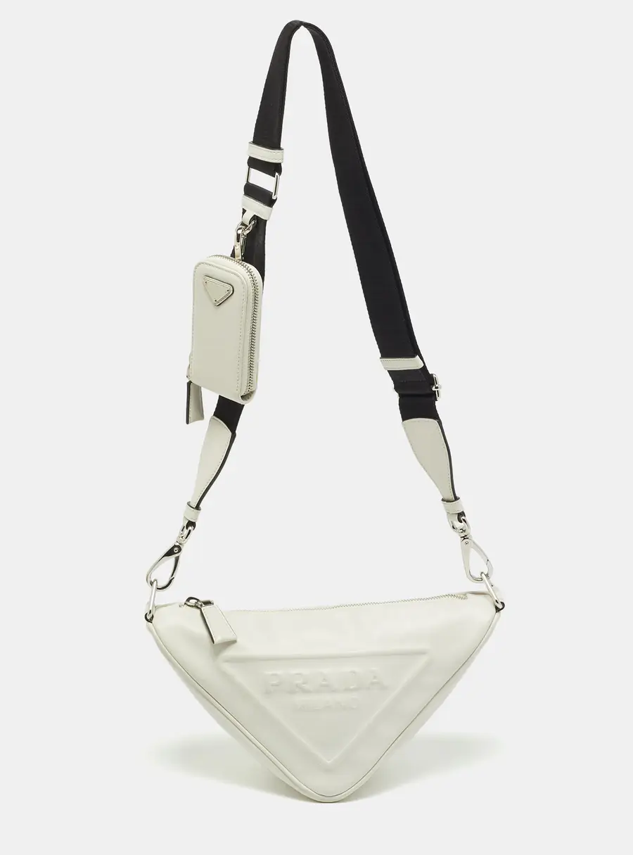 Prada Triangle White Leather Shoulder Bag