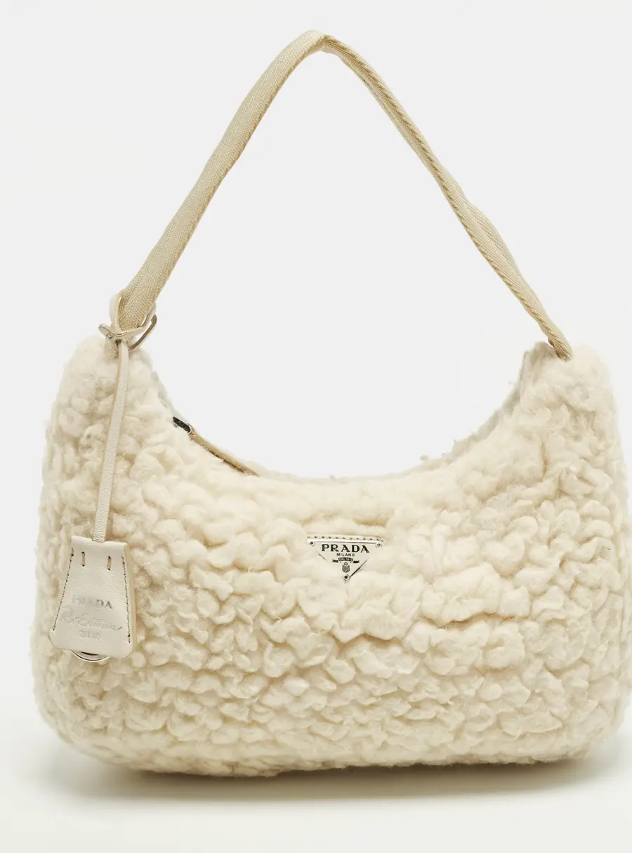 Prada Re-Edition 2000 Off White Shearling Shoulder Bag