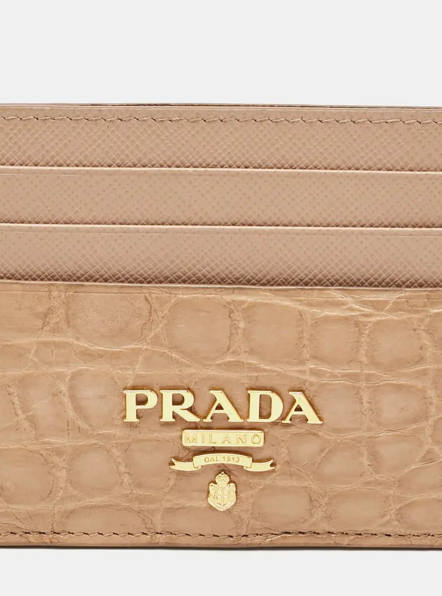Prada Logo Beige Leather and Crocodile Card Holder