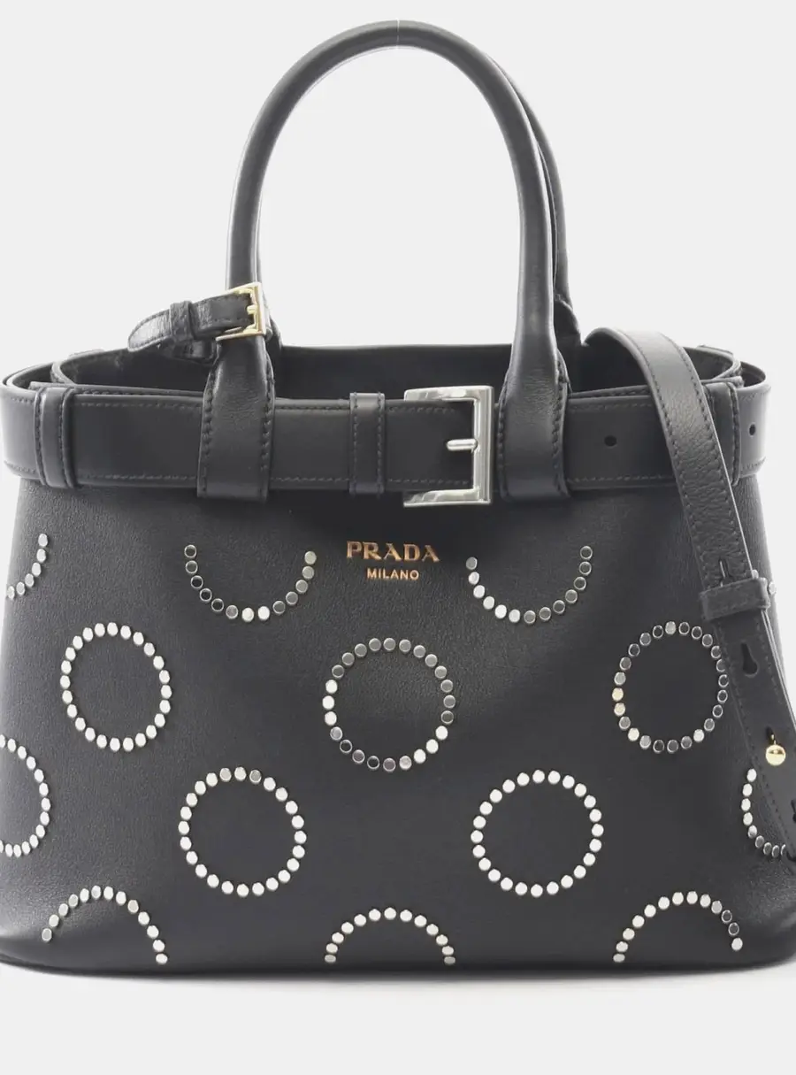 Prada Soft Grain Vite Buckle Black Calfskin Leather Tote Bag