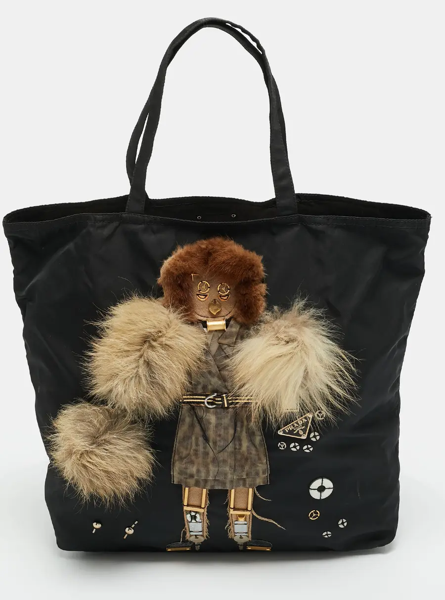 Prada Robot Black Nylon and Fur Shopper Tote