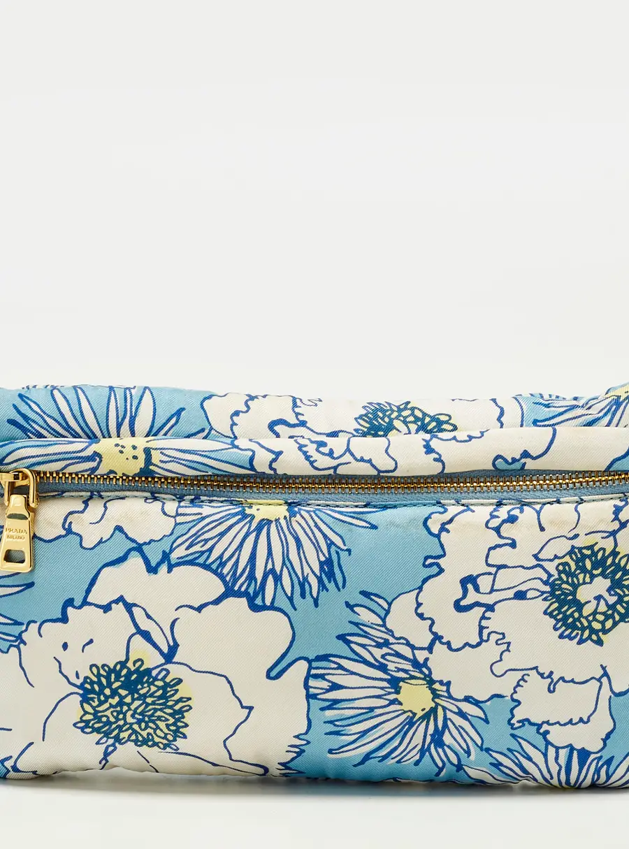 Prada Logo Blue/White Floral Fabric Zip Pouch