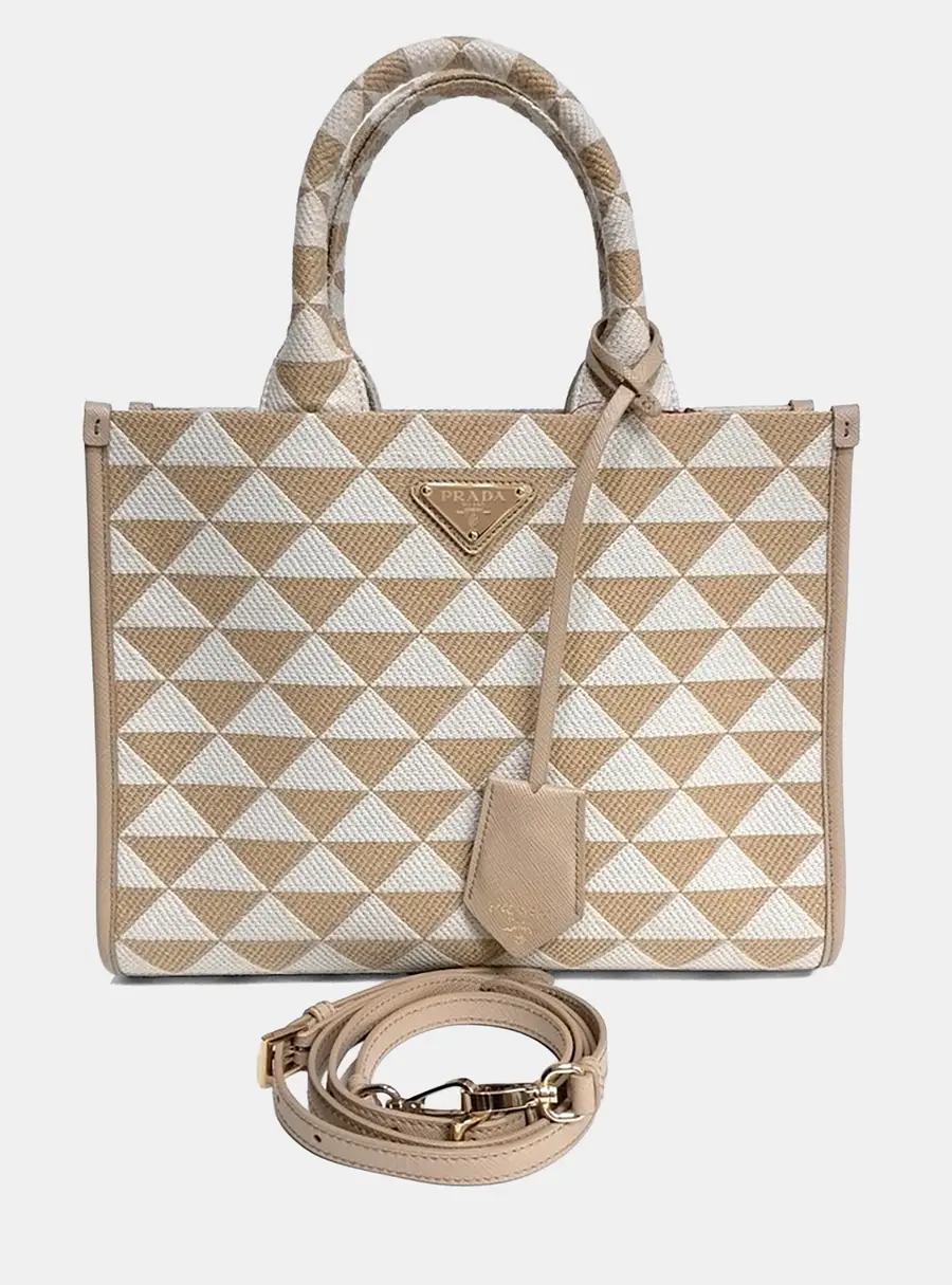Prada Beige Cream Fabric Symbol Jacquard Fabric Tote And Shoulder Bag