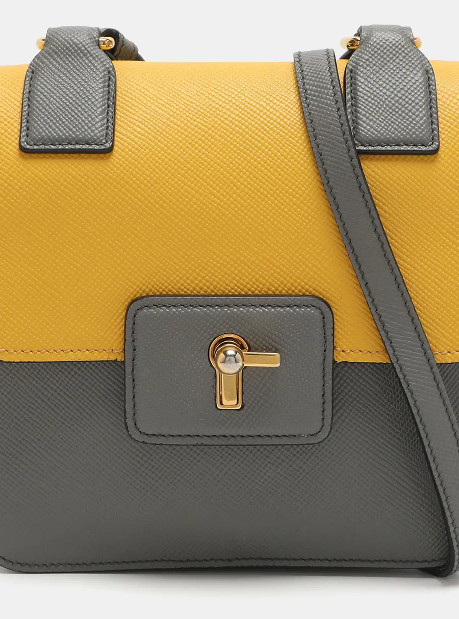 Prada Grey/Yellow Saffiano Leather Flap Crossbody Bag