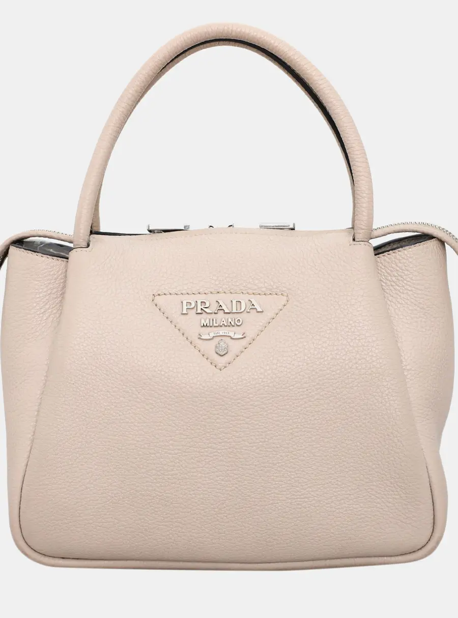 Prada Logo Beige Grained Leather Top Handle Bag