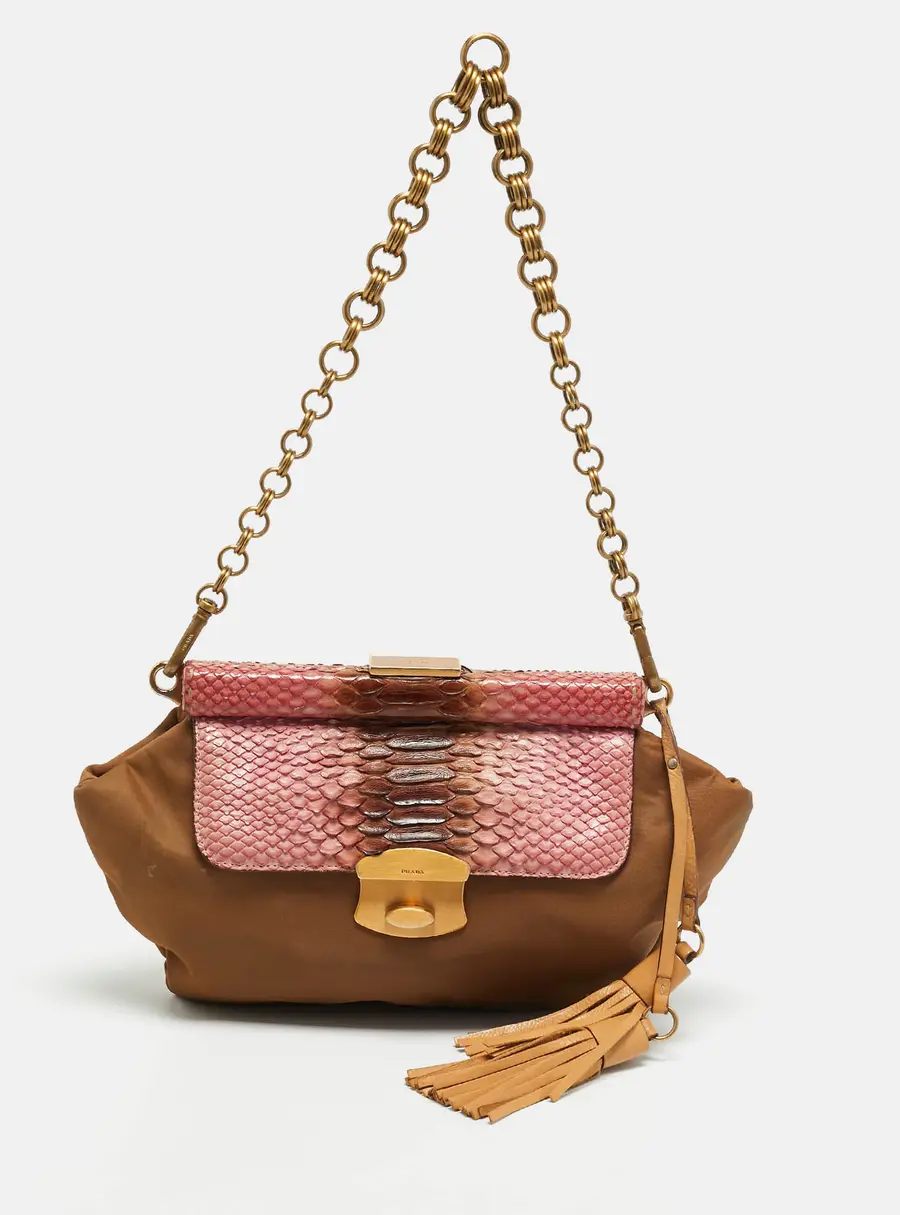 Prada Tassel Olive Green/Pink Nylon and Python Chain Clutch