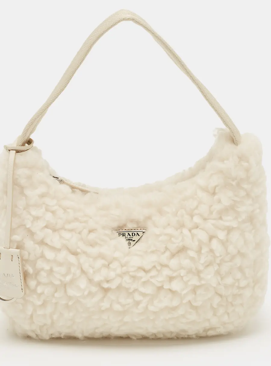 Prada Re-Edition 2000 Off White Shearling Shoulder Bag