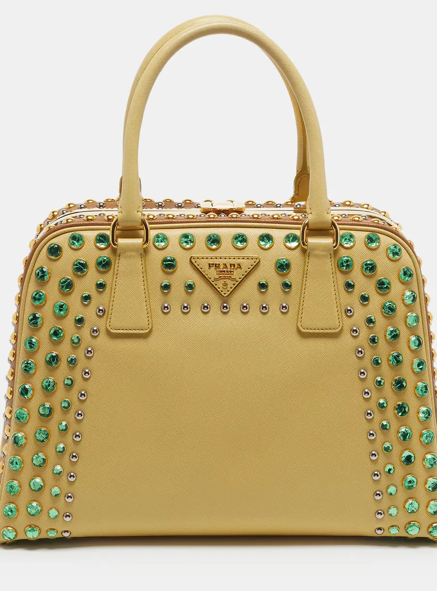 Prada Pyramid Embellished Frame Yellow/Brown Saffiano Lux Leather Bag