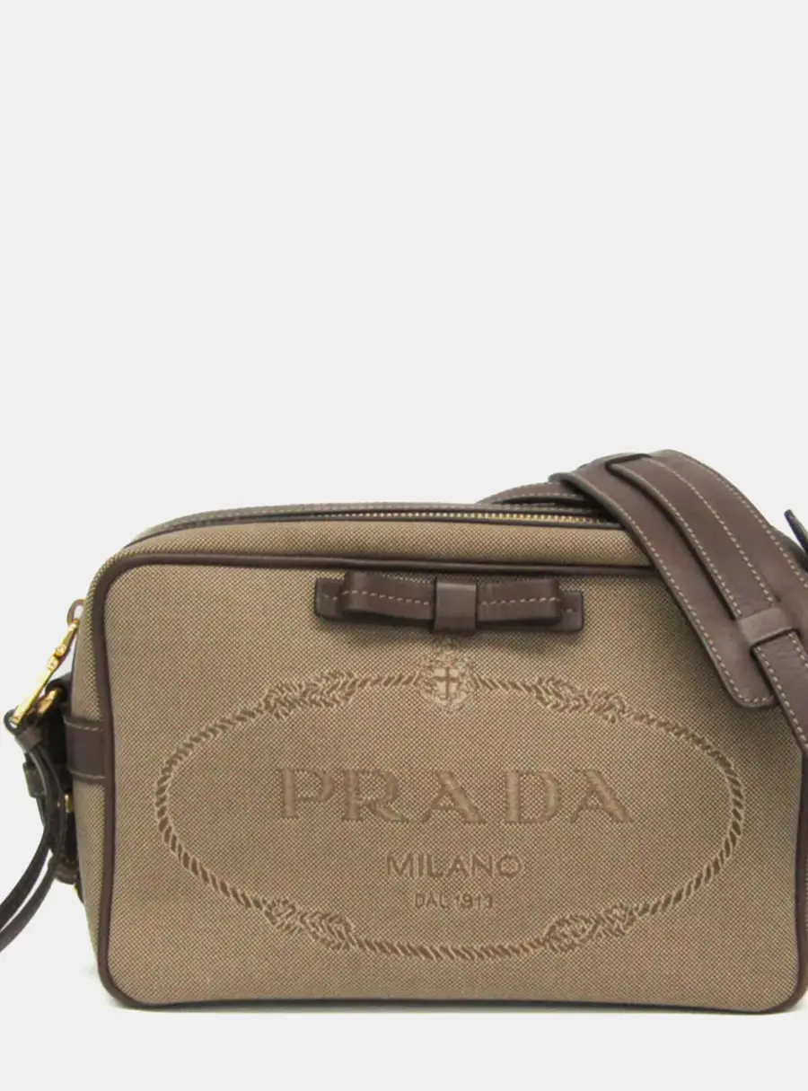 Prada Logo Jacquard Beige/Brown Jacquard & Leather Shoulder Bag