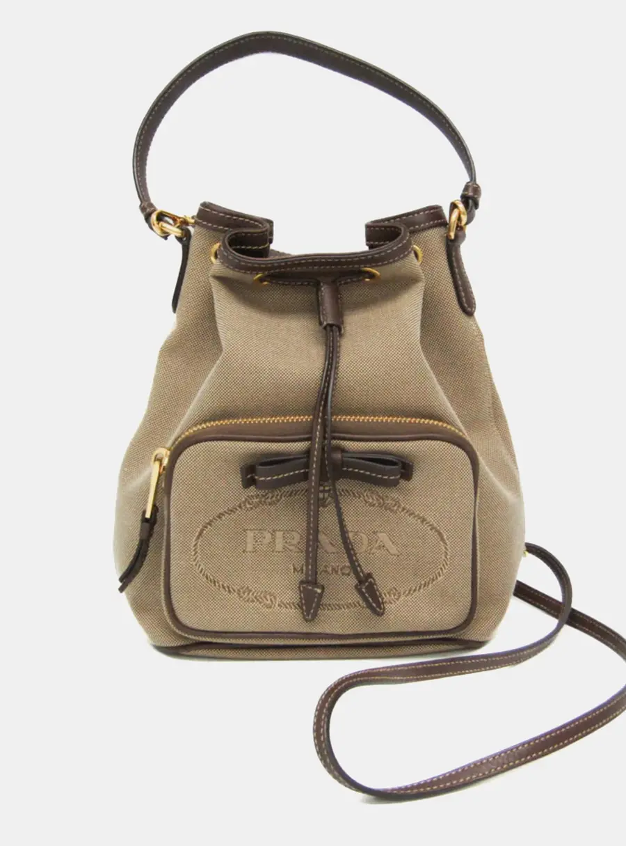 Prada Logo Jacquard Beige/Brown/Dark Brown Jacquard & Leather Drawstring Bag