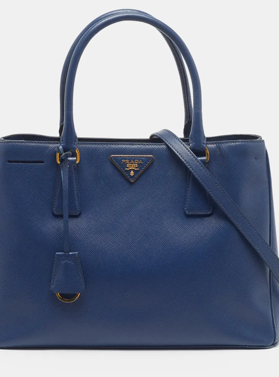 Prada Middle Zip Small Navy Blue Saffiano Lux Leather Tote
