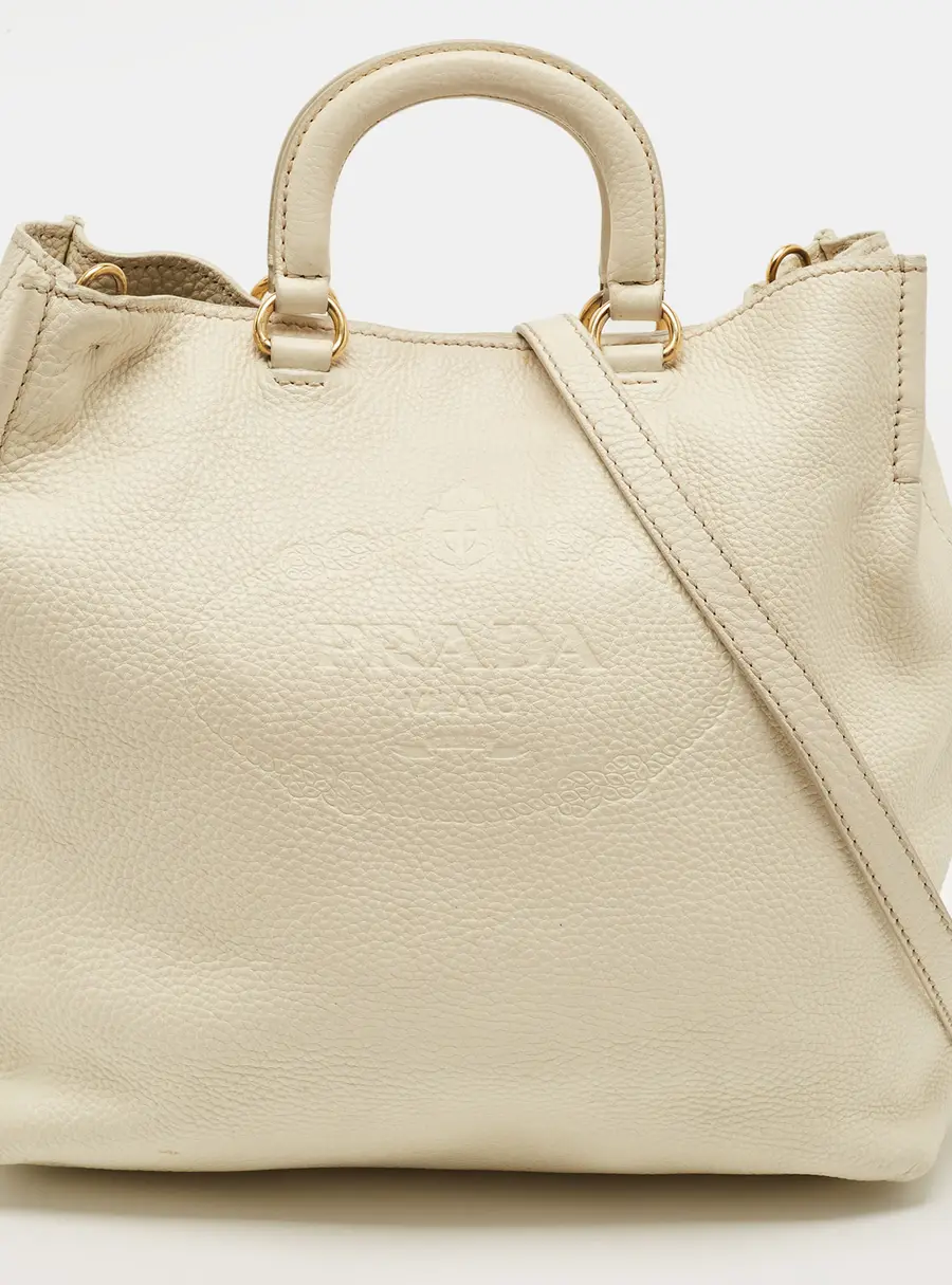 Prada Logo Cream Grained Leather Tote