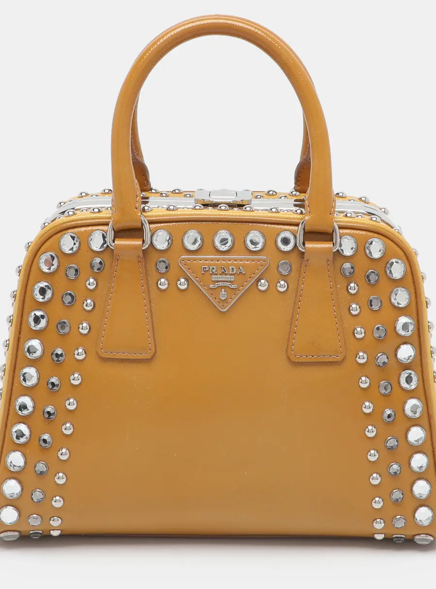 Prada Studded Pyramid Small Two Tone Saffiano Patent Leather Frame Bag