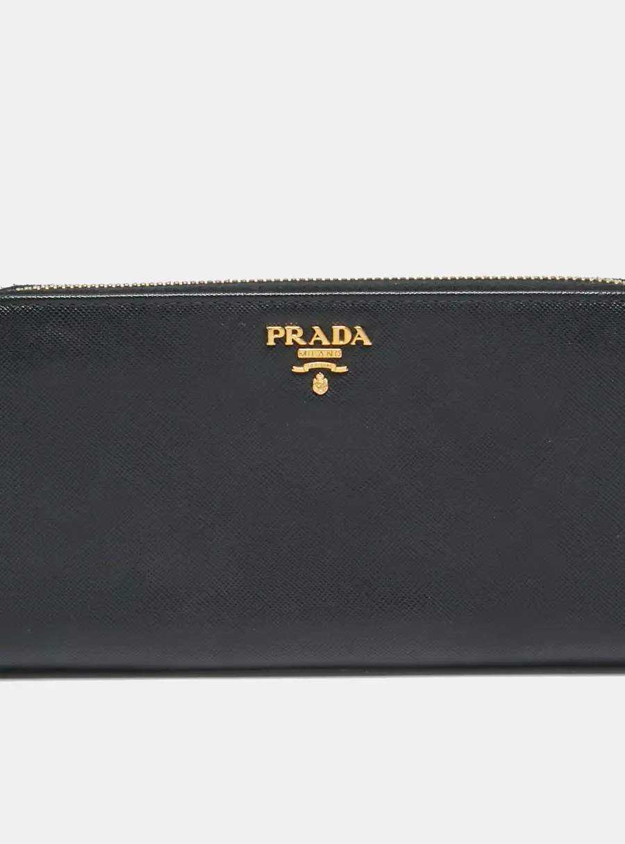 Prada Logo Zip Black Saffiano Leather Continental Wallet