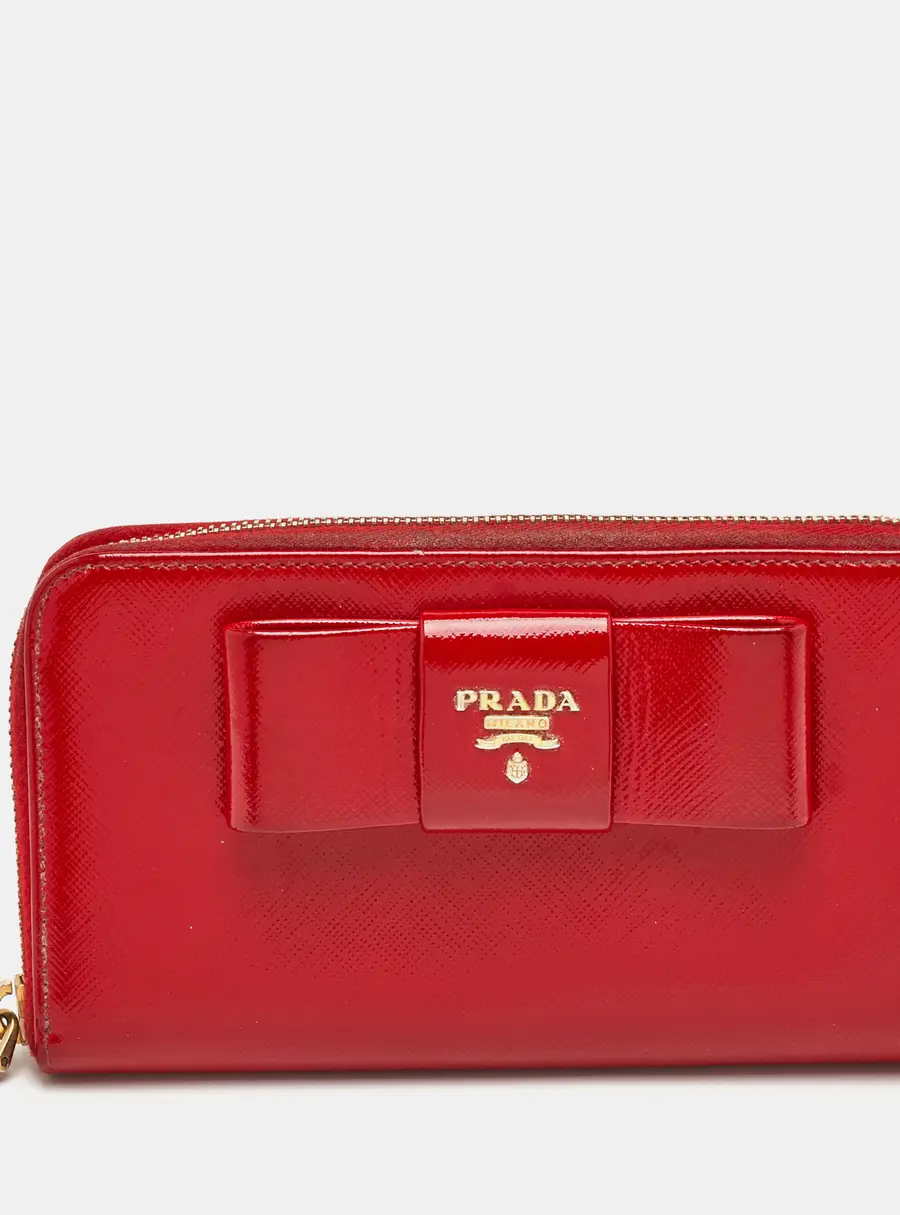 Prada Bow Red Patent Leather Zip Around Wallet