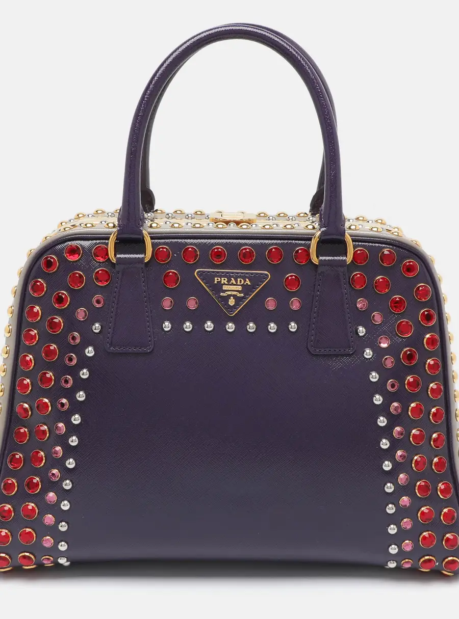 Prada Pyramid Multicolor Saffiano Patent Leather Crystal Embellished Frame Satchel