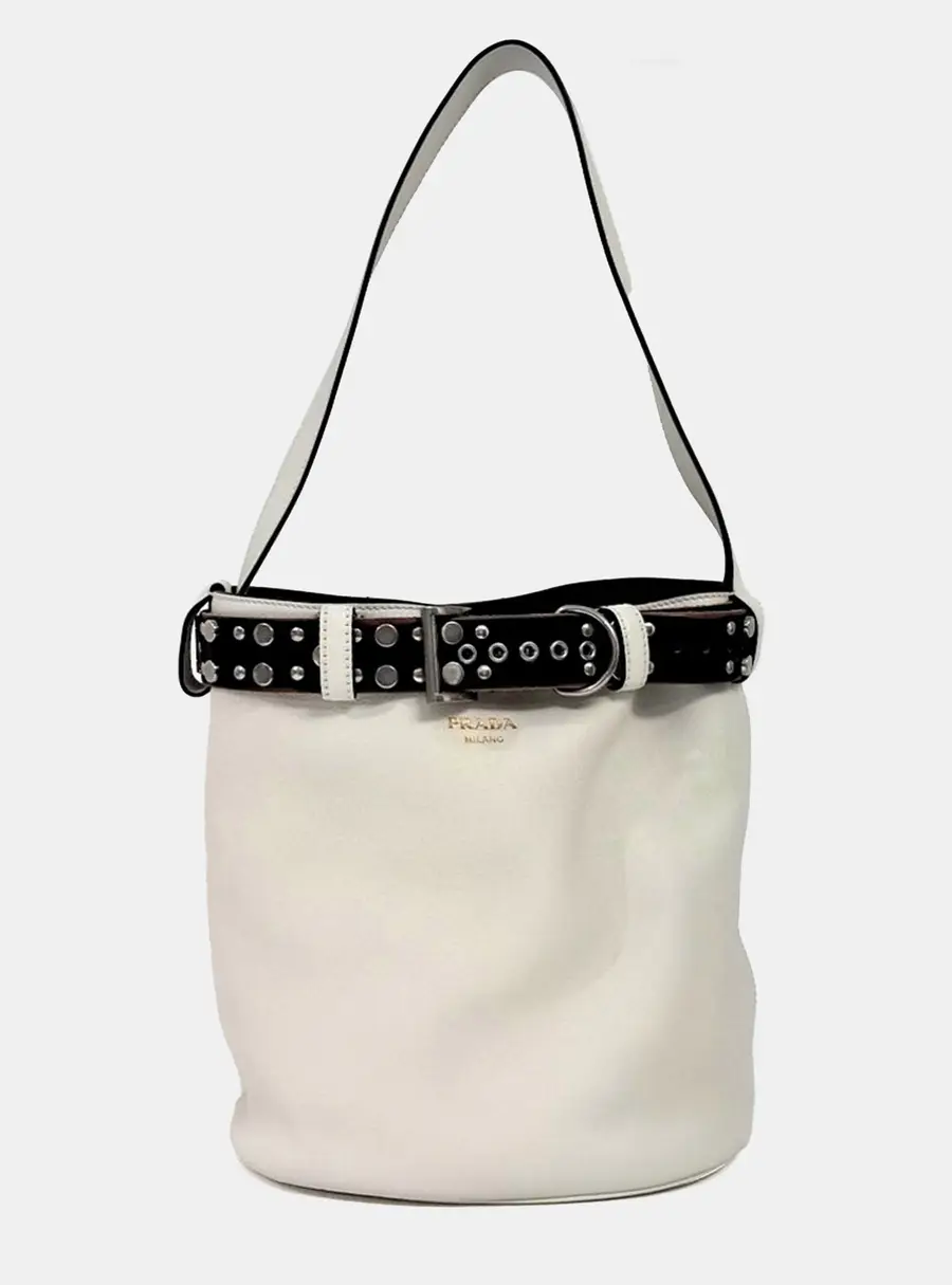 Prada Buckle Bucket One Size White Calfskin Leather Shoulder Bag
