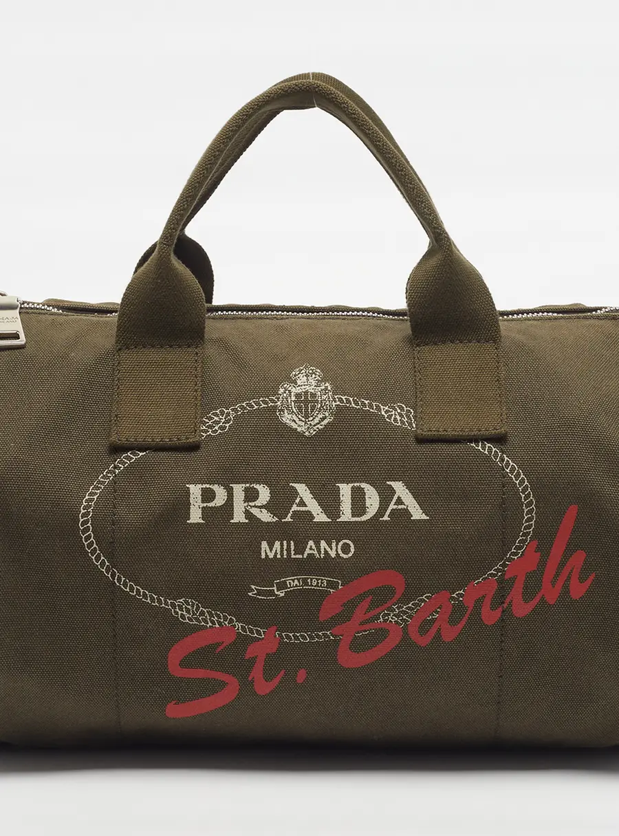 Prada St. Barth Logo Green Canvas Boston Bag