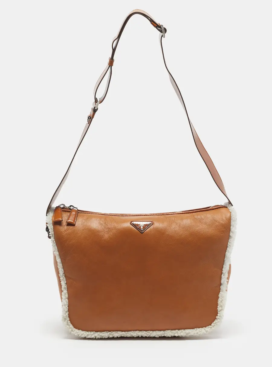 Prada Zip Tan/White Leather and Shearling Shoulder Bag
