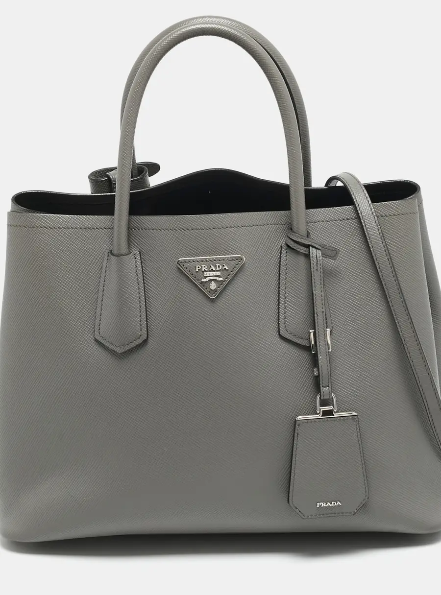 Prada Double Handle Medium Grey Saffiano Cuir Leather Tote