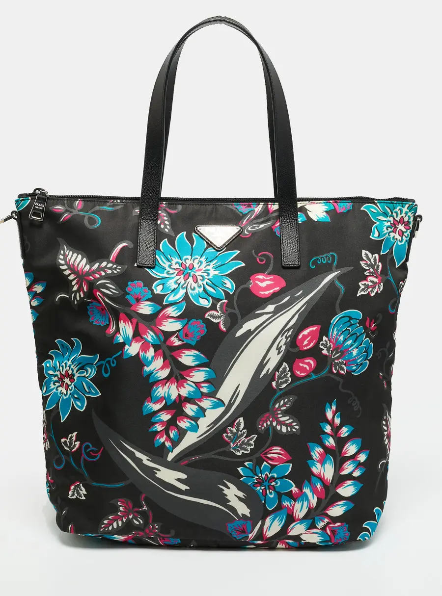Prada Black/Multicolor Printed Nylon and Saffiano Leather Zip Tote