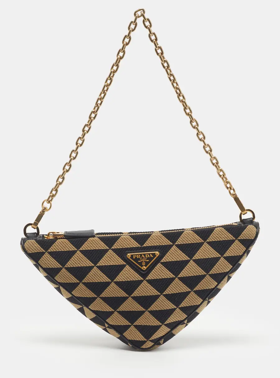 Prada Symbole Black/Beige Canvas Triangle Chain Bag