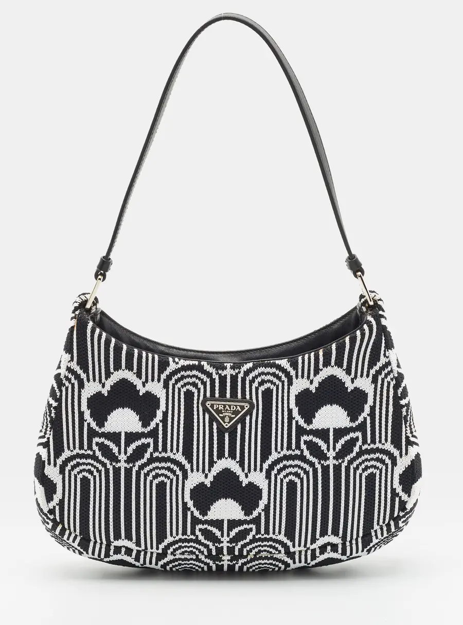 Prada Cleo Black/White Geometric Pattern Knit Fabric Shoulder Bag