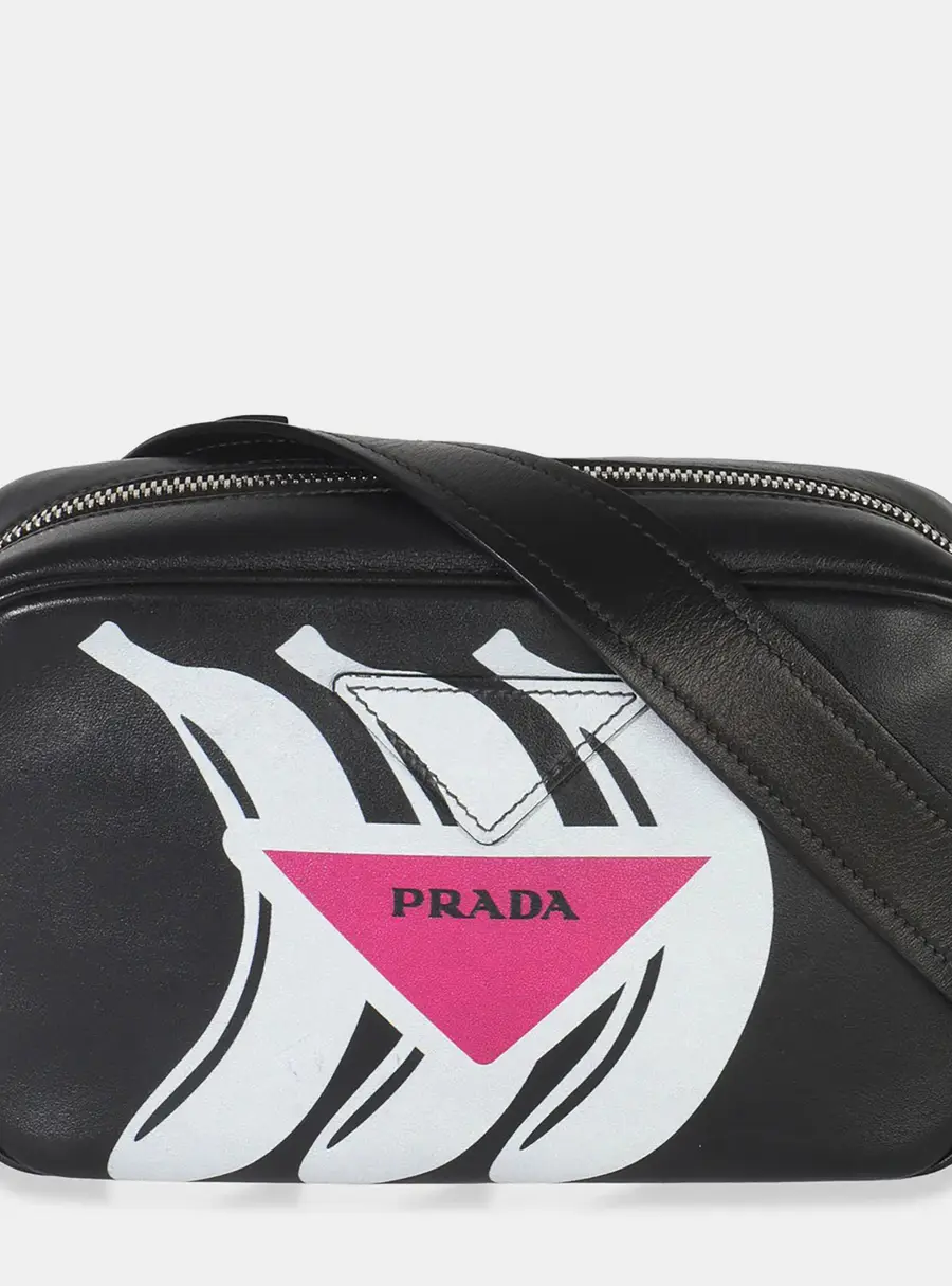 Prada Black/Pink Calfskin Banana Logo Crossbody Bag