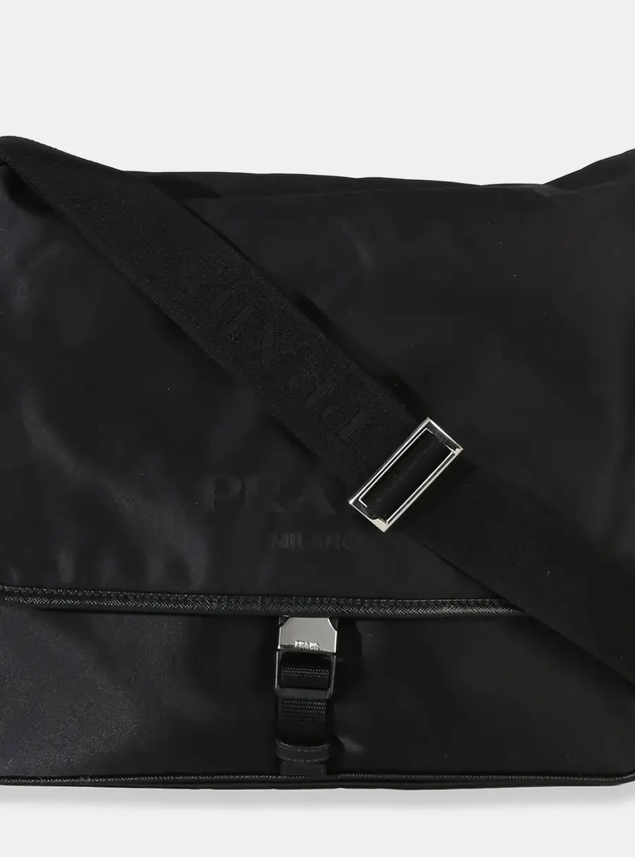 Prada Black Nylon Saffiano Logo Buckle Messenger Bag