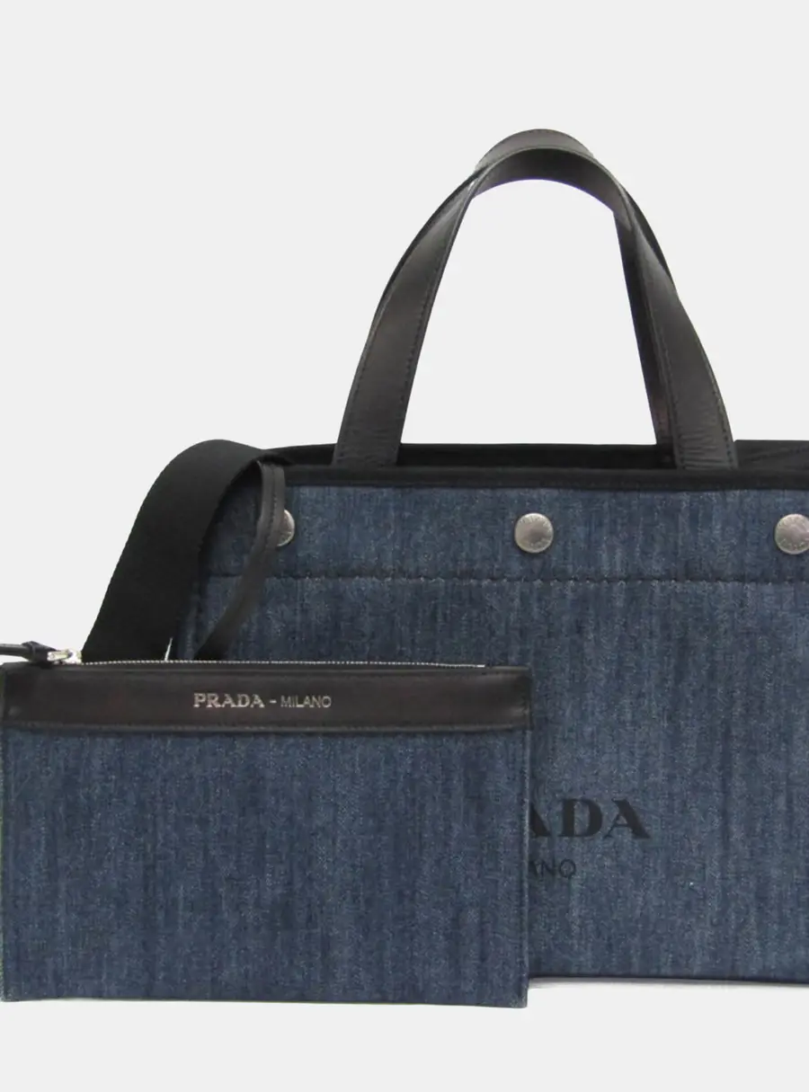 Prada Denim City Calf Tote Denim Leather Shoulder Bag Tote Bag Black Blue